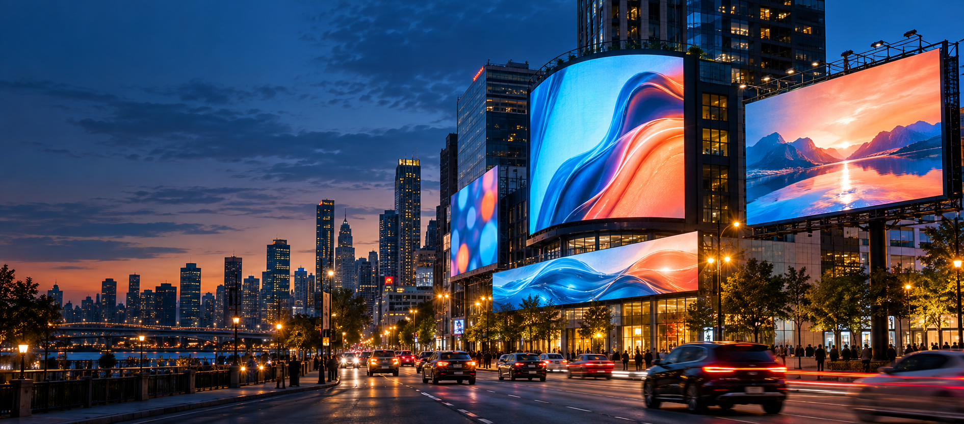 Digital billboards in a US city at night